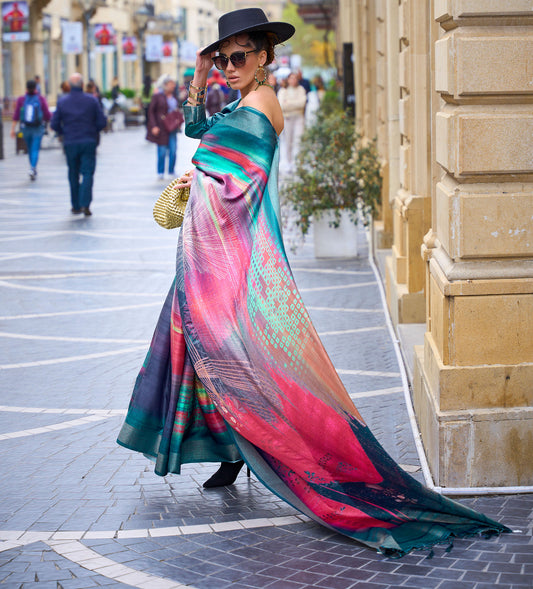 Teal Black Multi Color Kopper Pure Gaji Silk Handloom Saree