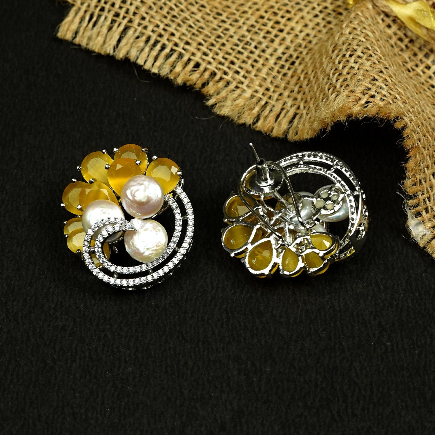 Zevar Club Rhodium-Plated Handcrafted Glossy Baroque Pearl & Yellow Crystal Cubic Zirconia Stud Earrings