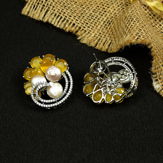 Zevar Club Rhodium-Plated Handcrafted Glossy Baroque Pearl & Yellow Crystal Cubic Zirconia Stud Earrings