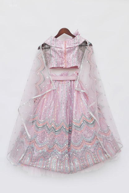 Pink Sequence Embroidery Crop Top Skirt