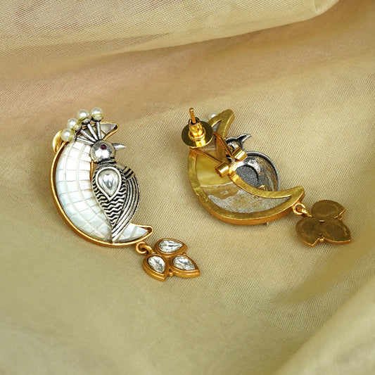 Zevar Club Dual-Tone Oxidised Silver & Gold-Plated Big Twin Bird Stud Earrings with White Kundan & Pearls