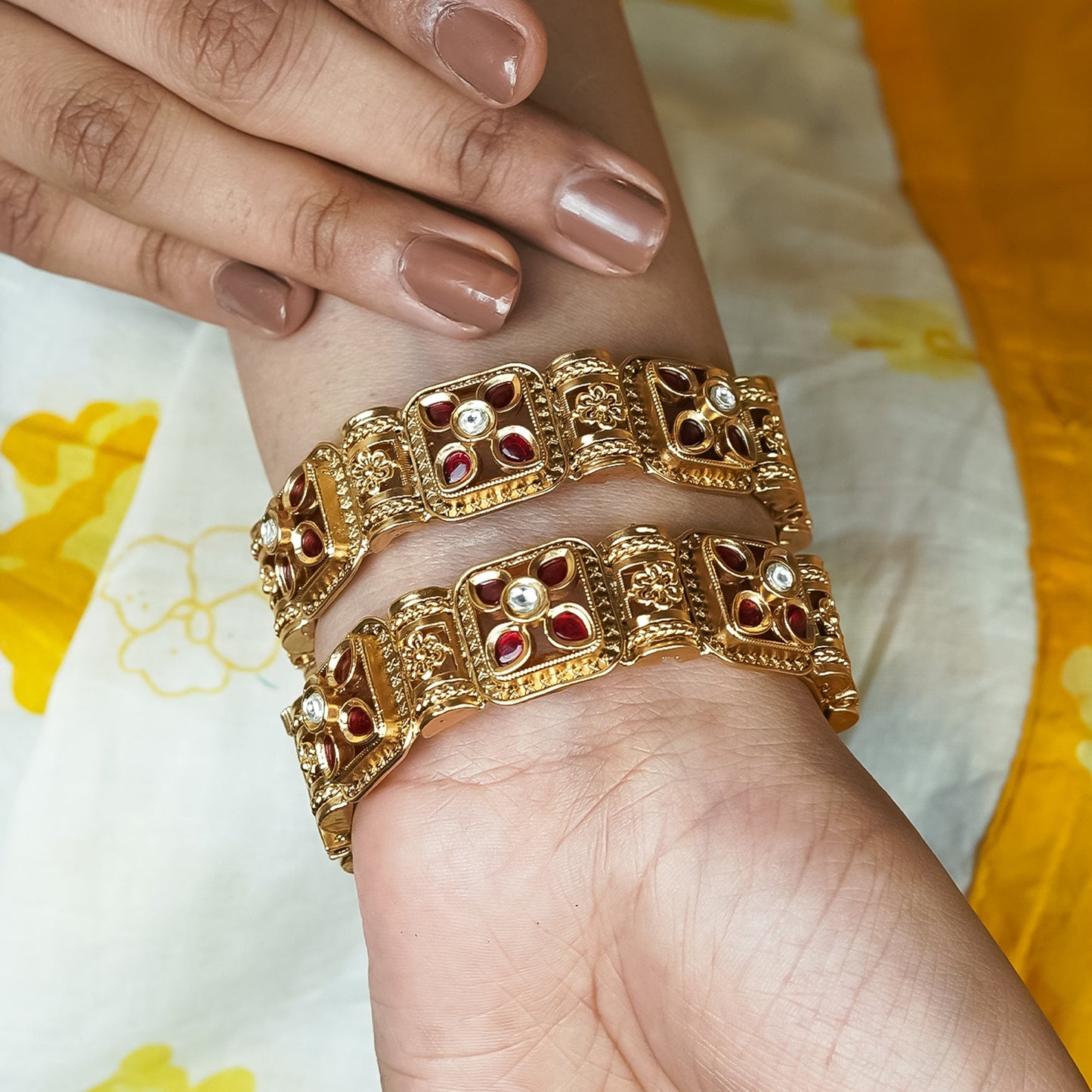 Zevar Club Set of 2 22K Gold-Plated Handcrafted Rajwadi Bangles with Ruby Red Stones & White Accents for Women