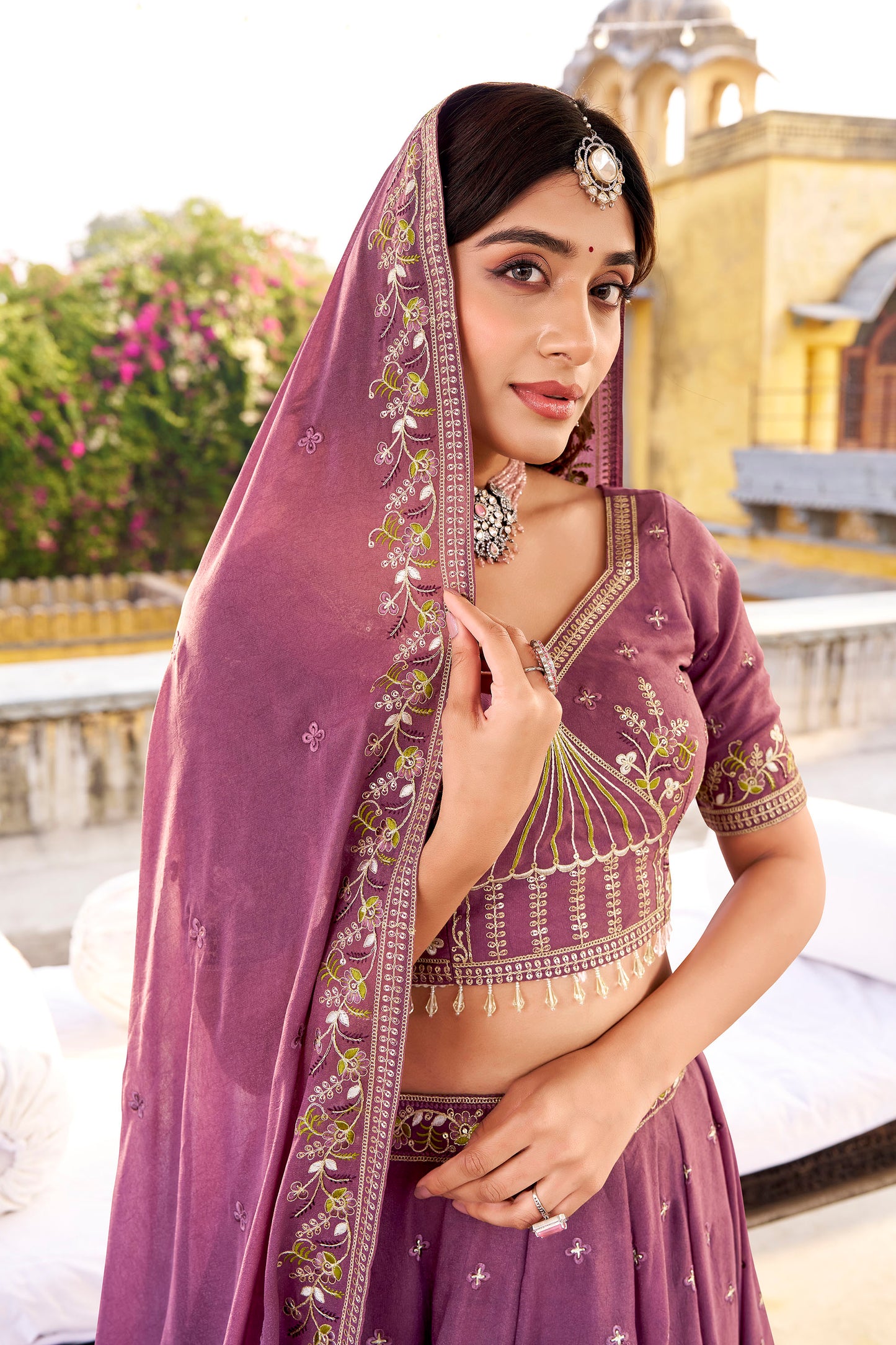 Lavender Crush Sequins and Thread Embroidery Work Engagement Lehenga
