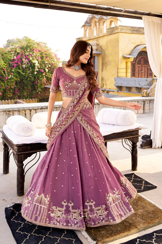 Lavender Crush Sequins and Thread Embroidery Work Engagement Lehenga
