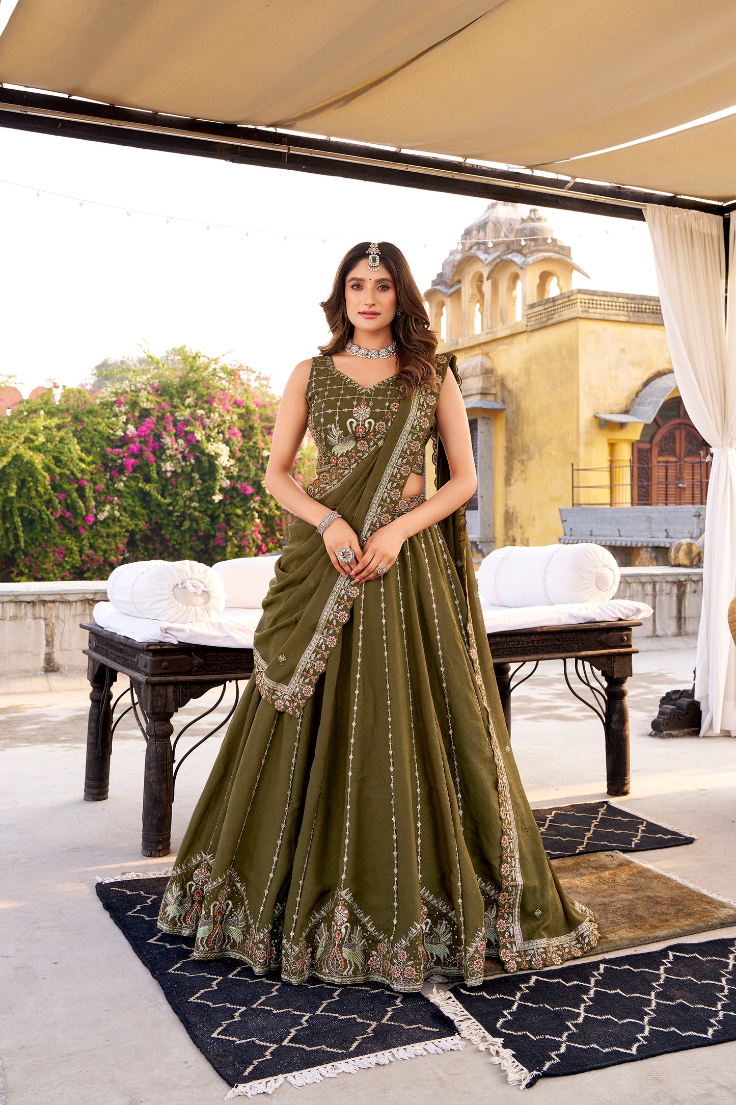 Green Crush Sequins and Thread Embroidery Work Mehendi Lehenga