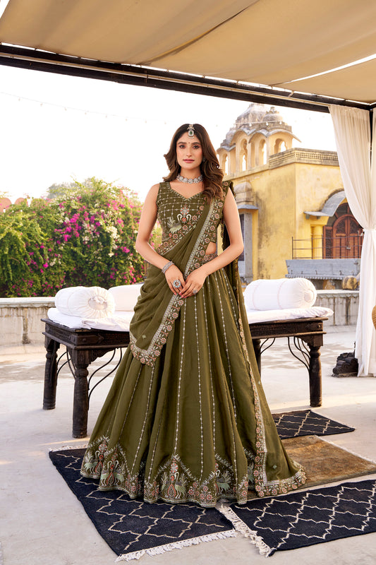 Green Crush Sequins and Thread Embroidery Work Mehendi Lehenga