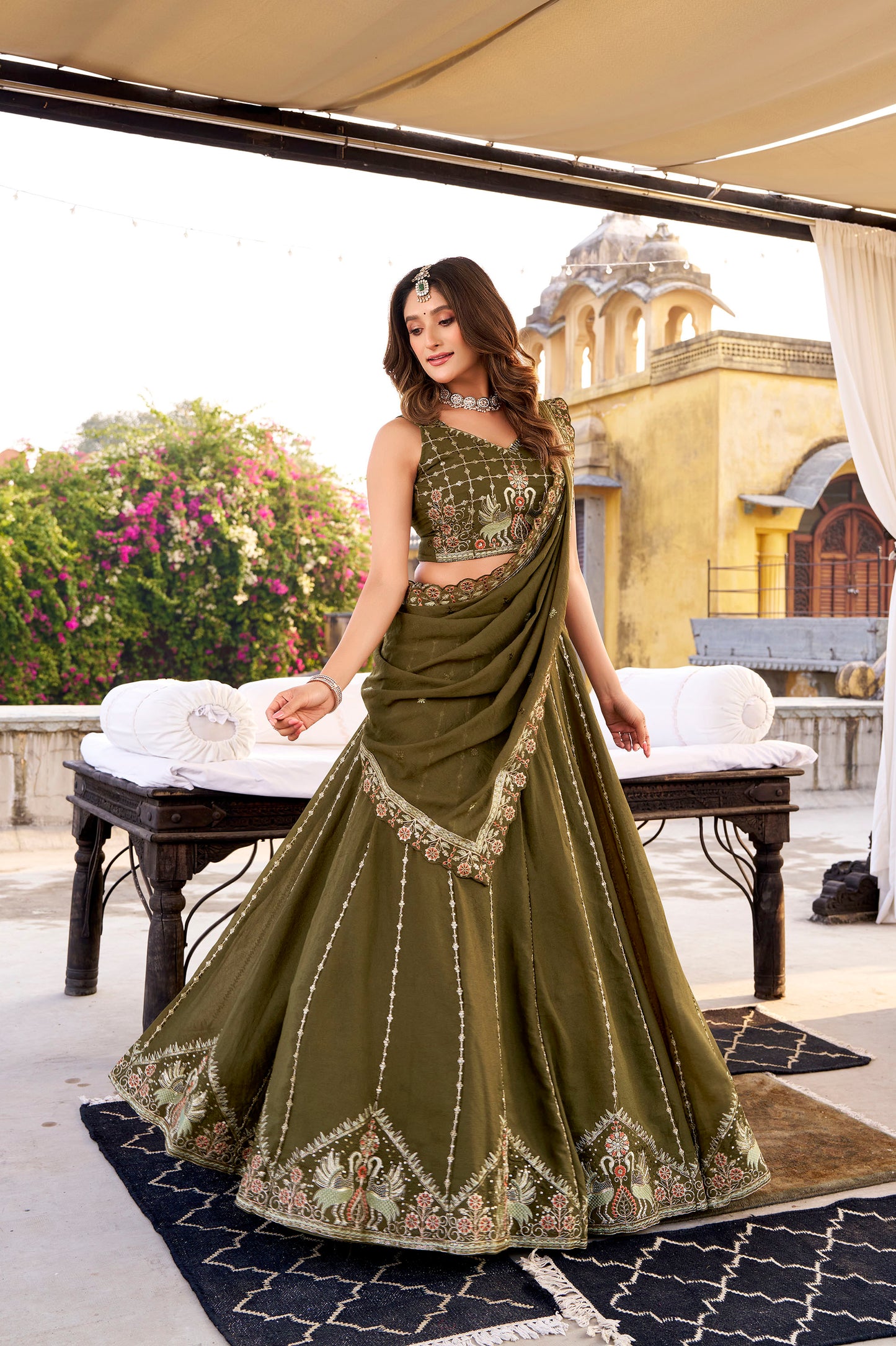 Green Crush Sequins and Thread Embroidery Work Mehendi Lehenga