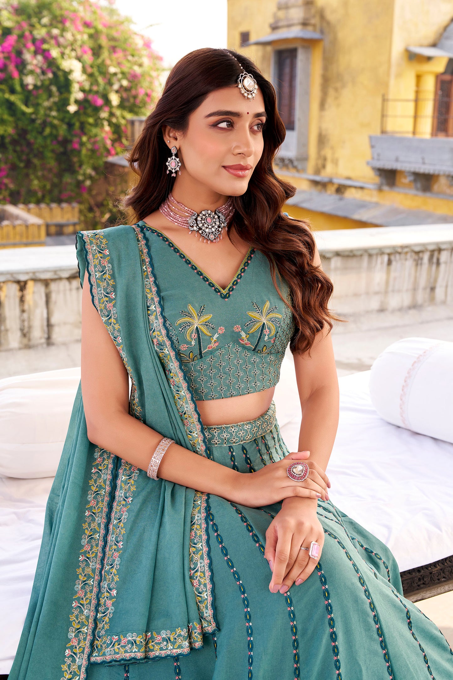 Sky Blue Crush Sequins and Thread Embroidery Work Wedding Guest Lehenga