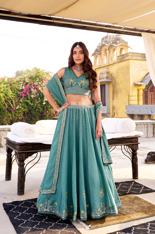 Sky Blue Crush Sequins and Thread Embroidery Work Wedding Guest Lehenga