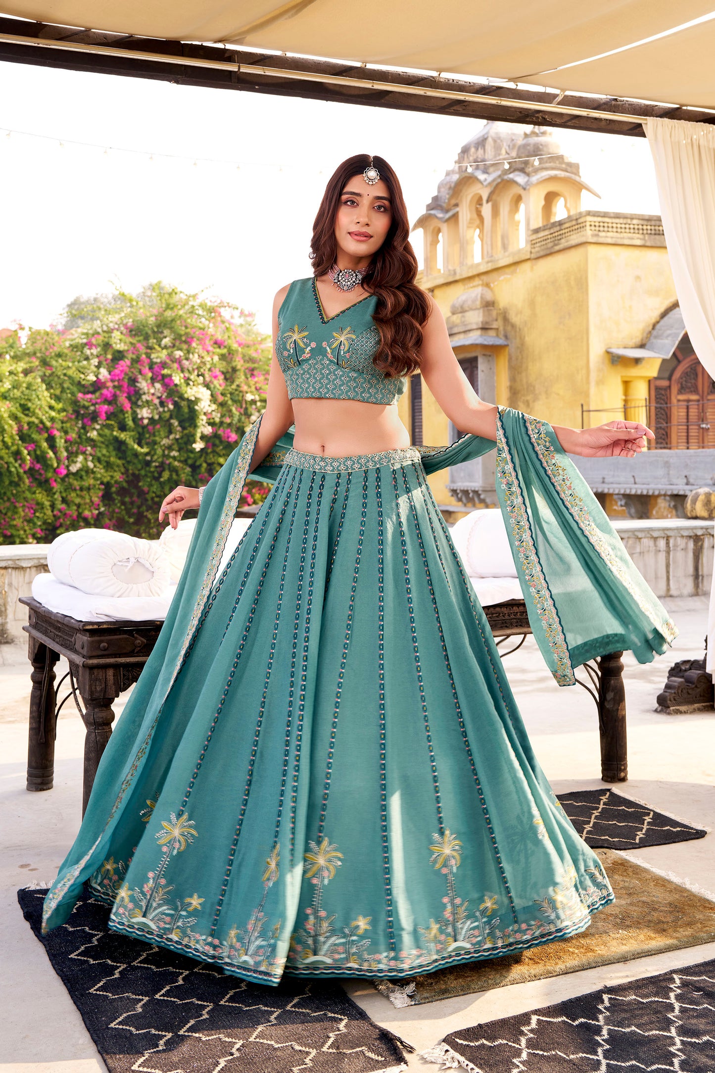 Sky Blue Crush Sequins and Thread Embroidery Work Wedding Guest Lehenga