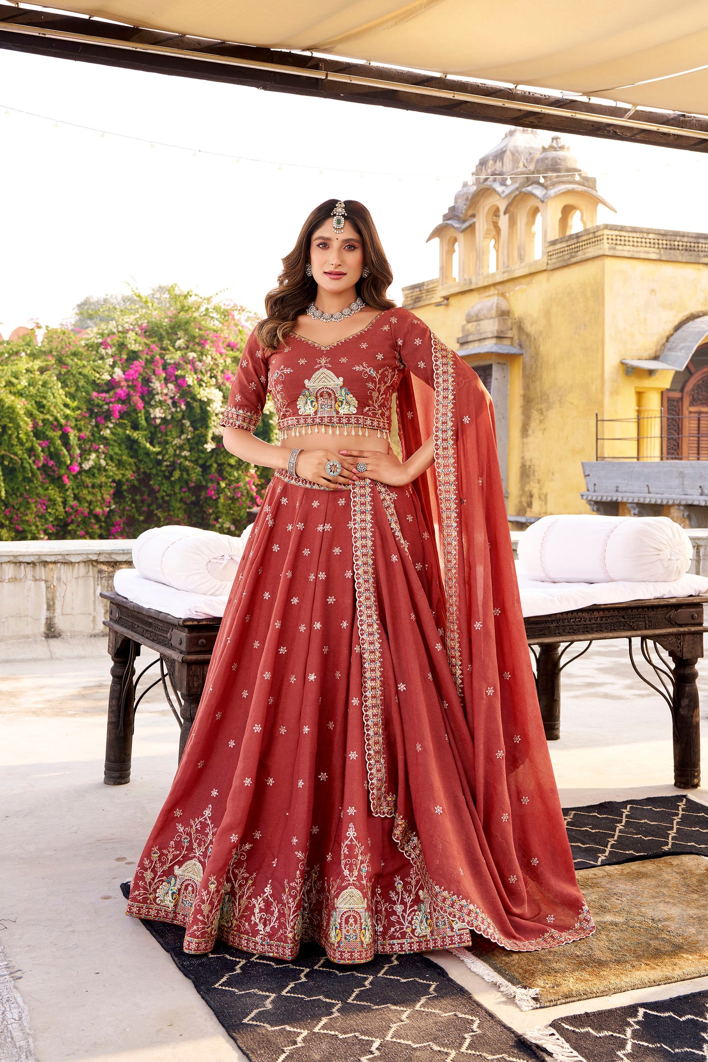 Red Crush Sequins and Thread Embroidery Work Wedding Lehenga