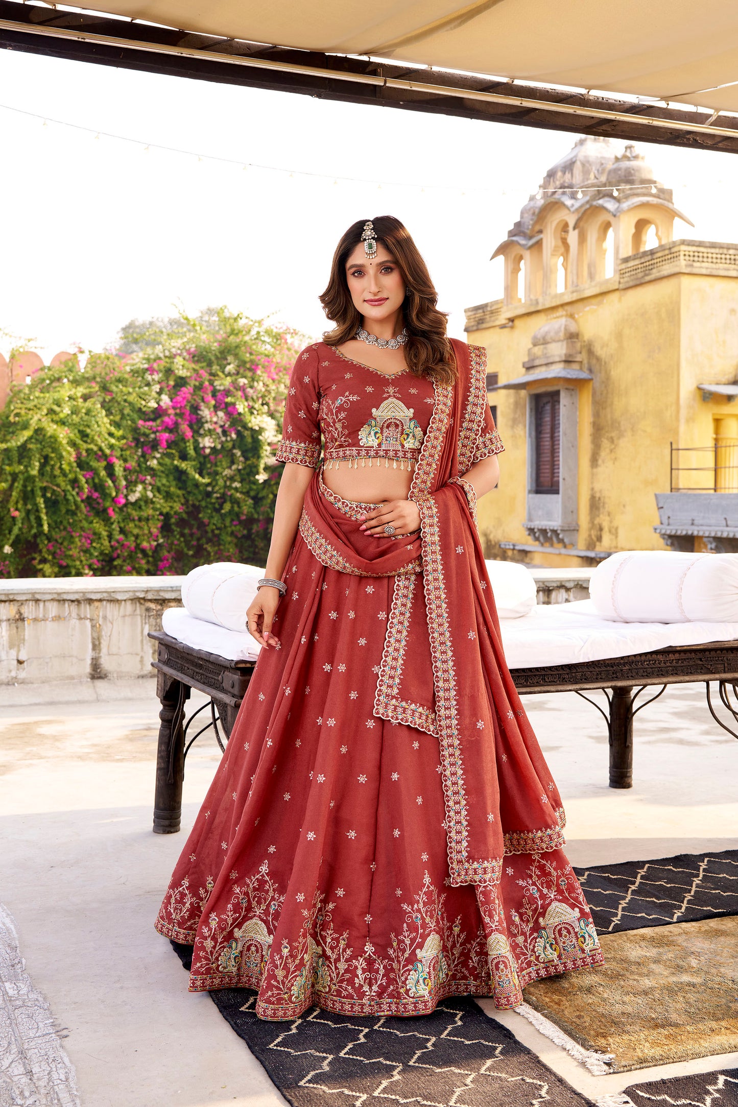 Red Crush Sequins and Thread Embroidery Work Wedding Lehenga