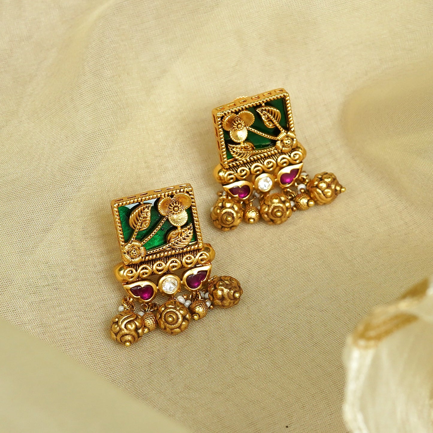 Zevar Club 22K Gold-Plated Green Enamelled Square Flora Earrings with Ruby Stones & Golden Danglers
