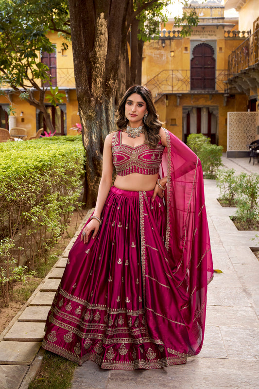 Magenta Pink Rangoli Silk Sequins & Thread Embroidery Sangeet Lehenga