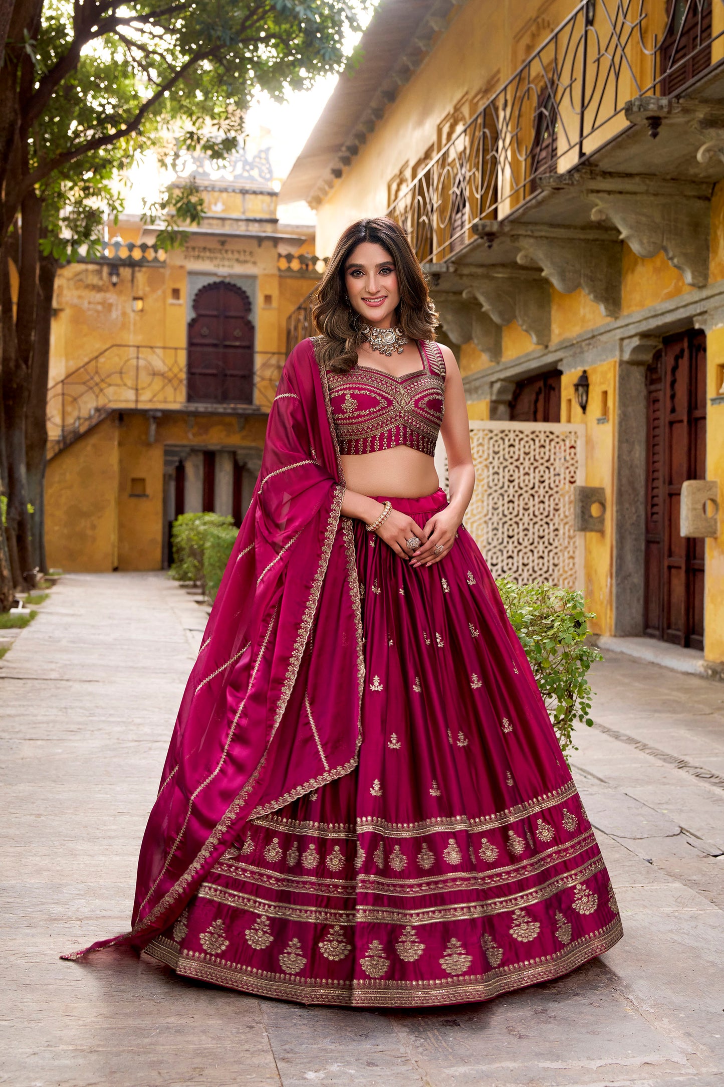 Magenta Pink Rangoli Silk Sequins & Thread Embroidery Sangeet Lehenga