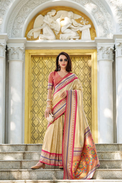 Cream Rajmata Tissue Silk Saree with Zari weaving