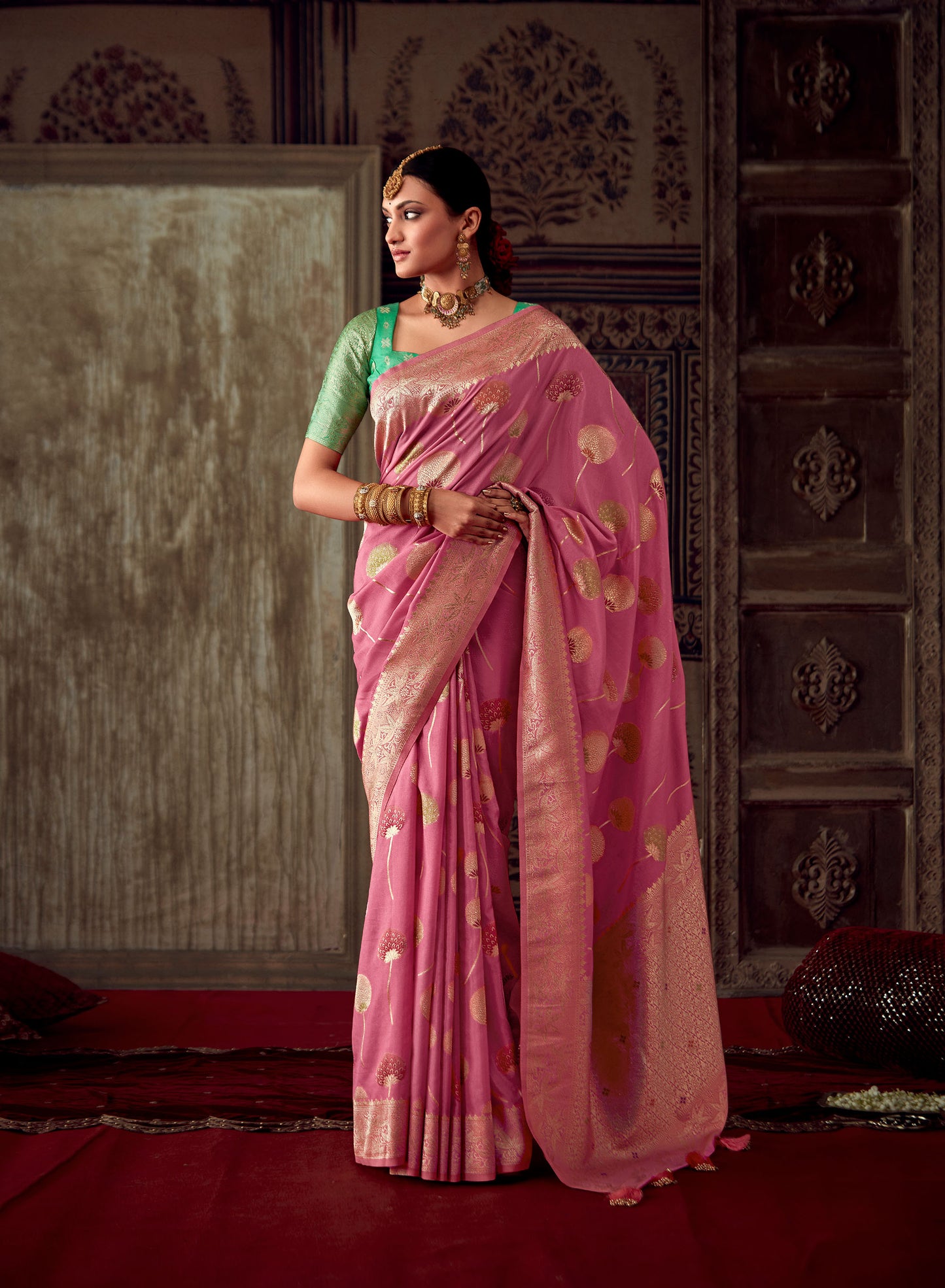 Peach Banarasi Crepe Georgette Zari Woven Roopkala Saree