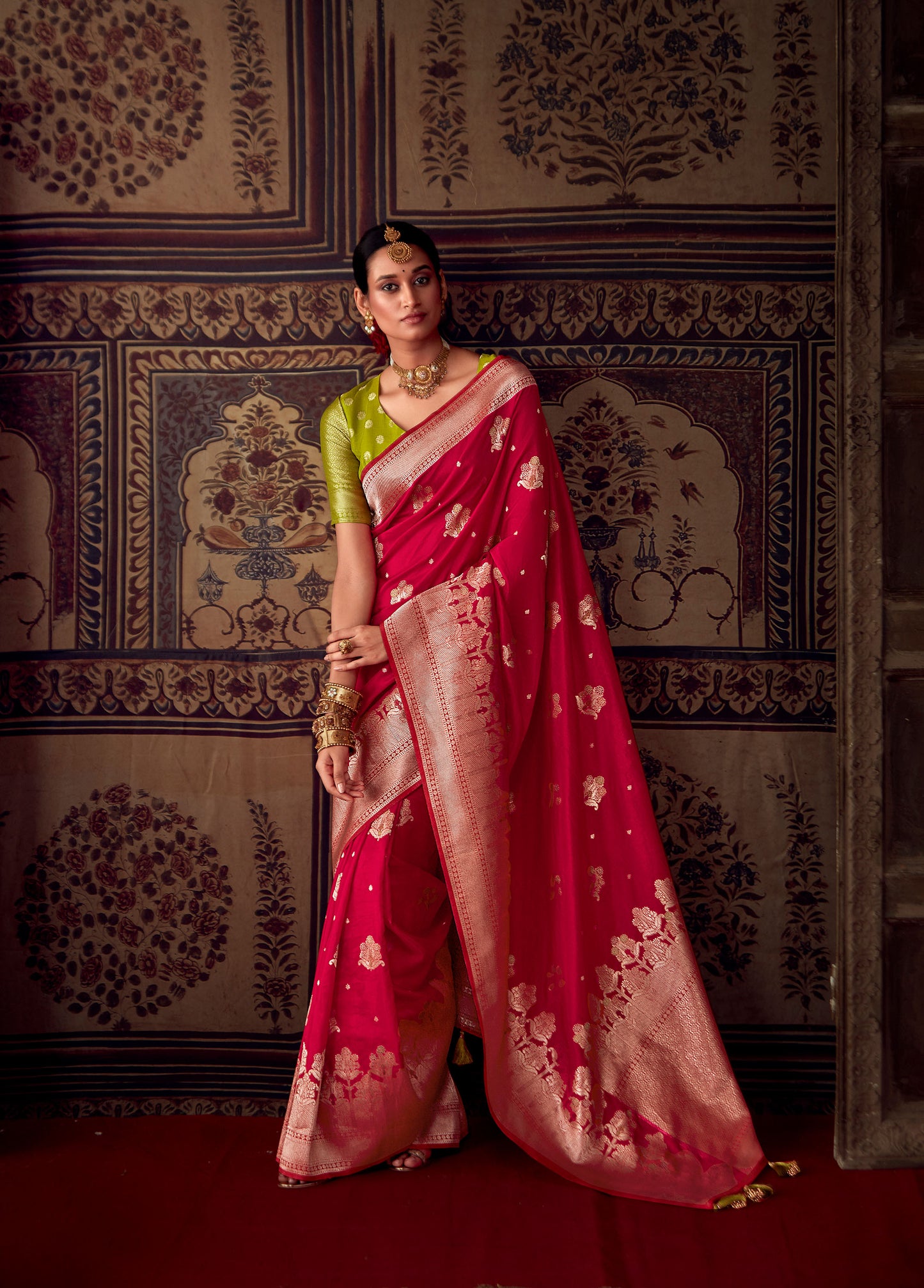 Red Banarasi Crepe Georgette Zari Woven Roopkala Saree