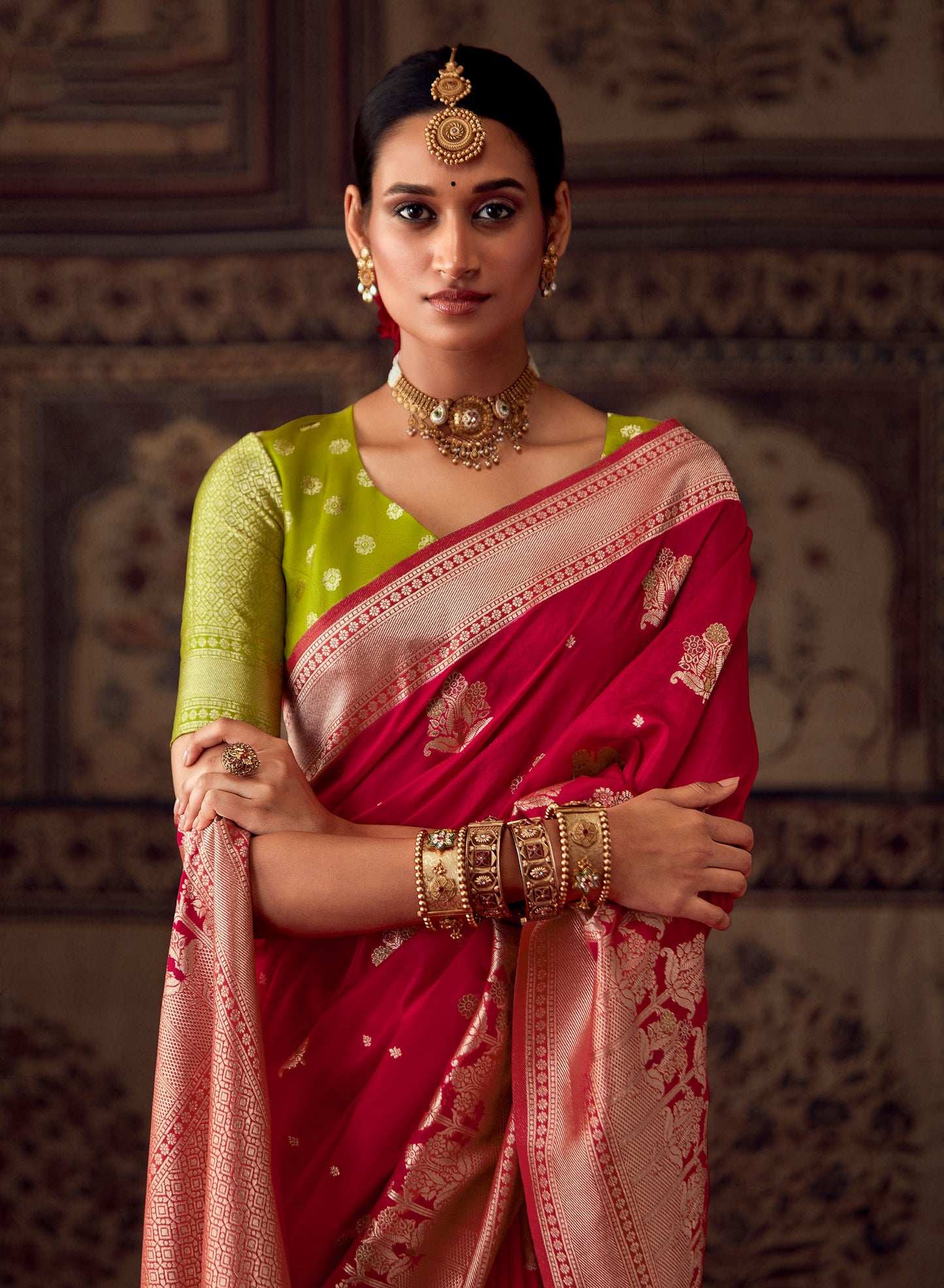 Red Banarasi Crepe Georgette Zari Woven Roopkala Saree