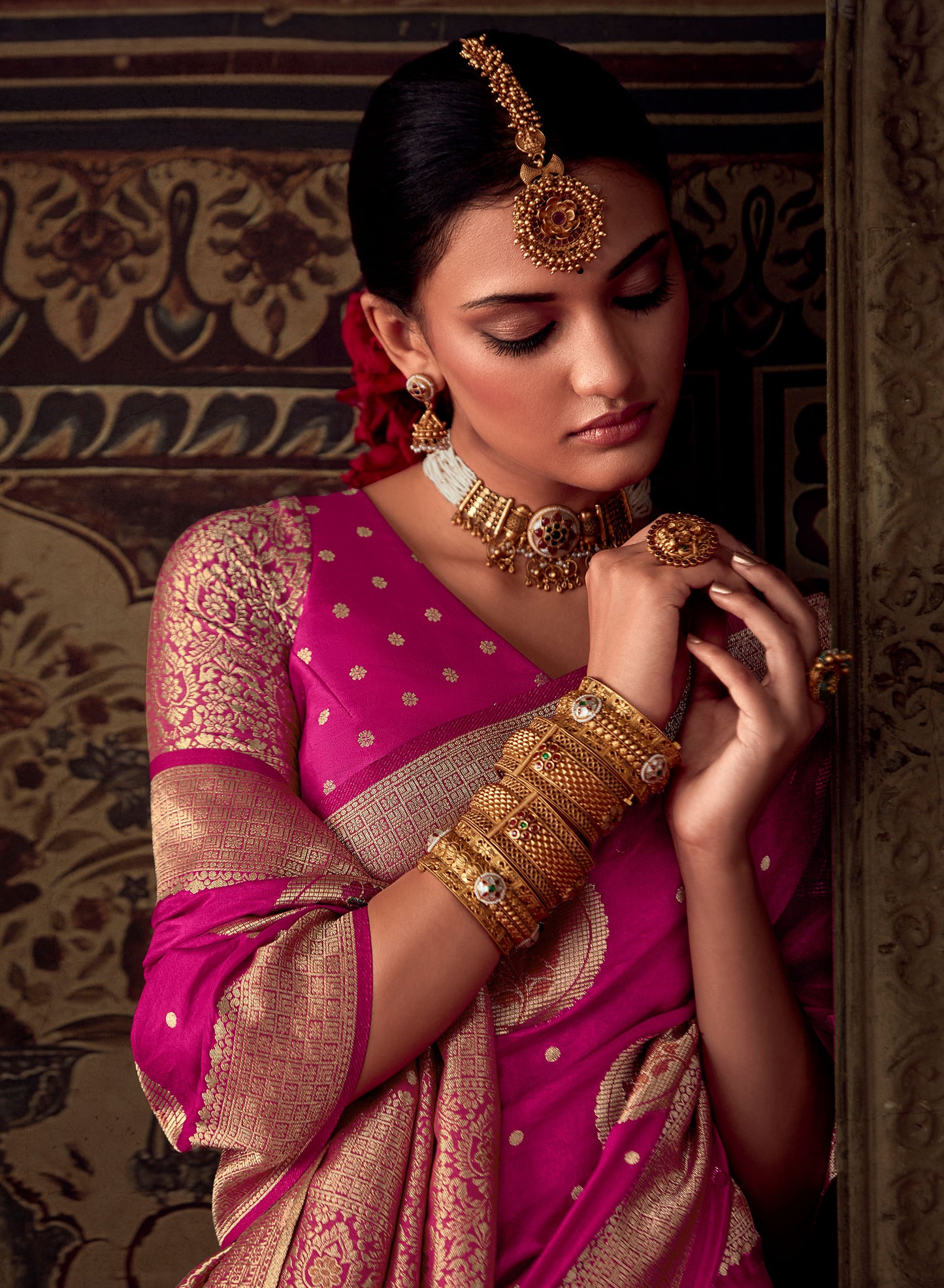 Pink Banarasi Crepe Georgette Zari Woven Roopkala Saree