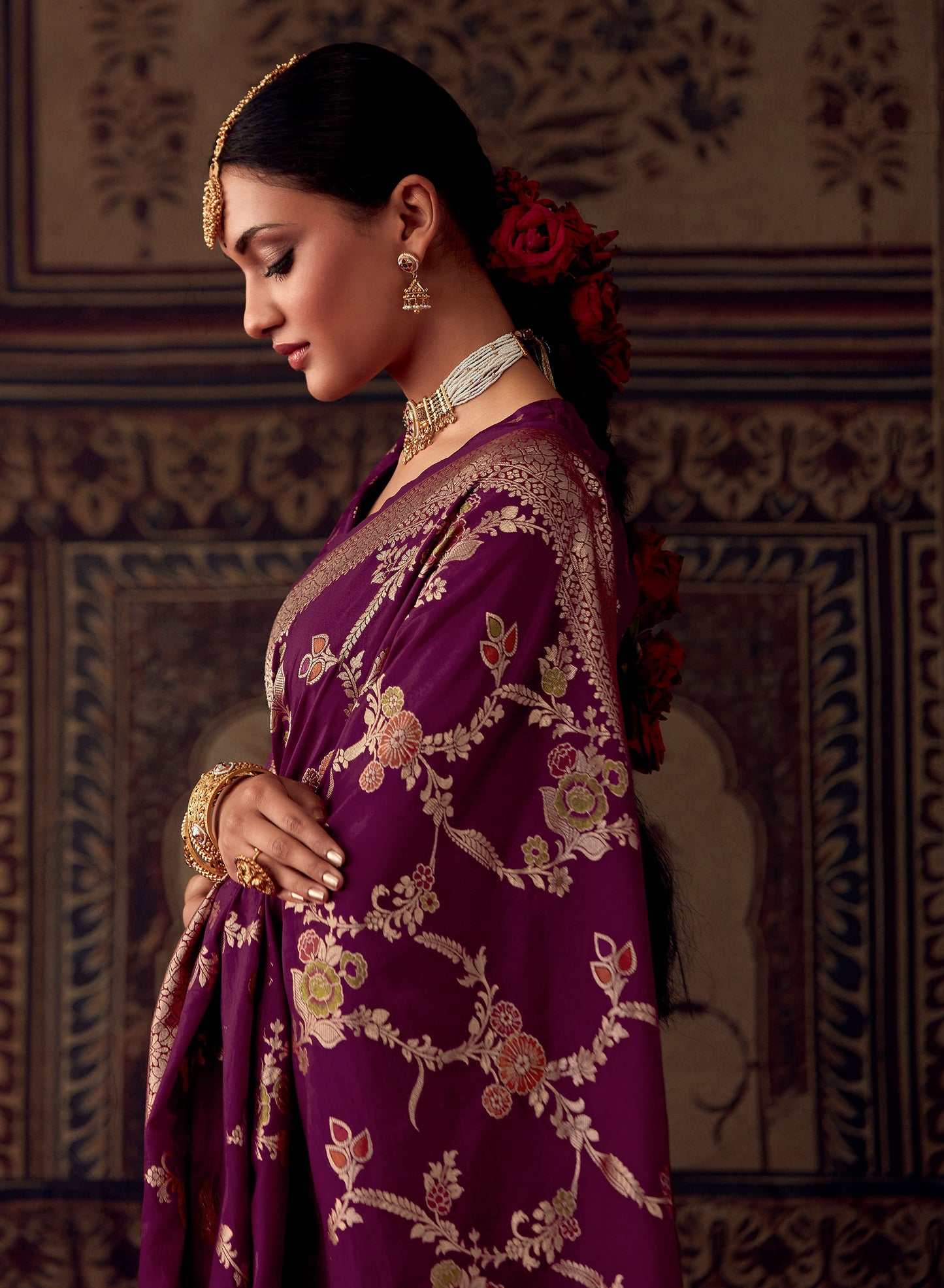 Wine Banarasi Crepe Georgette Zari Woven Roopkala Saree