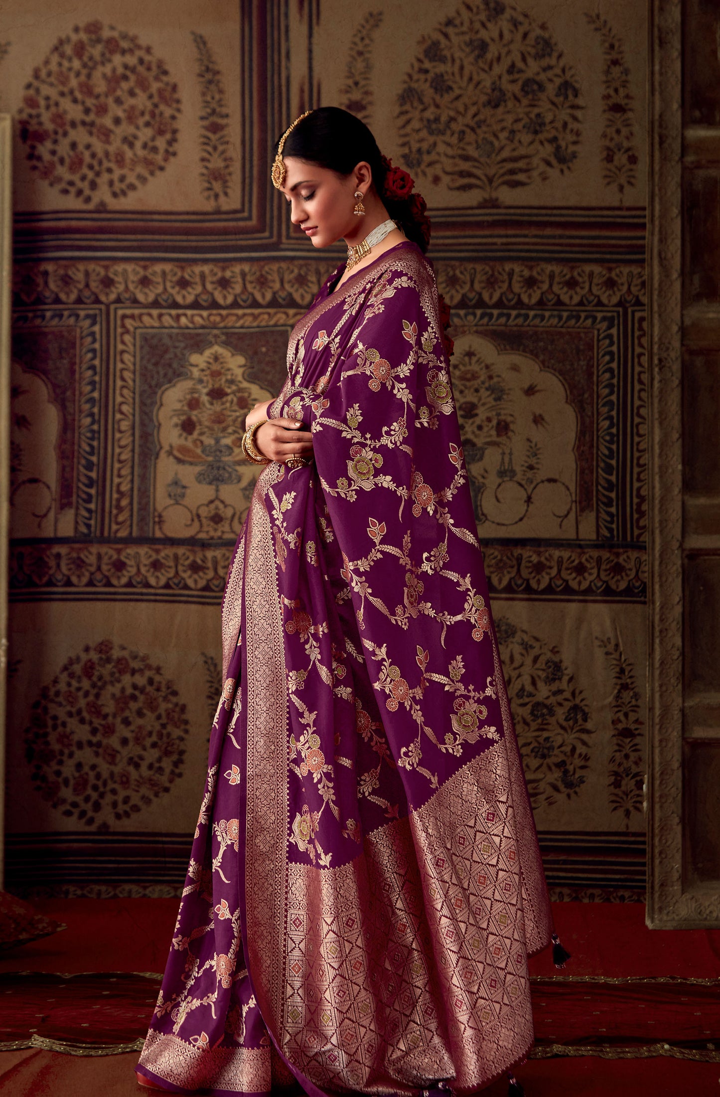 Wine Banarasi Crepe Georgette Zari Woven Roopkala Saree
