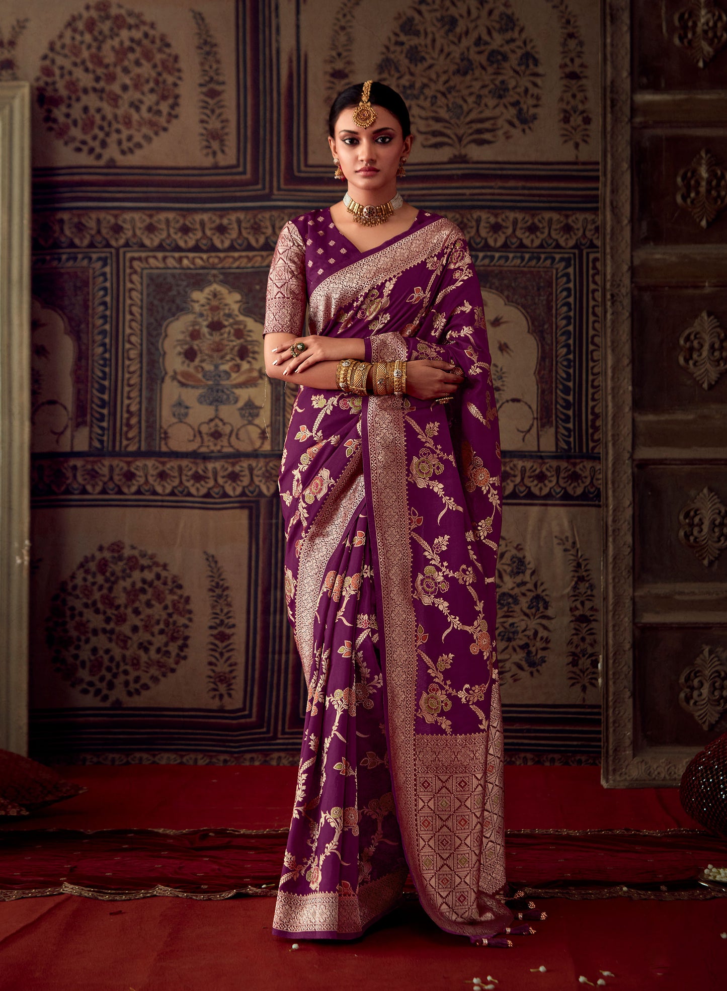 Wine Banarasi Crepe Georgette Zari Woven Roopkala Saree