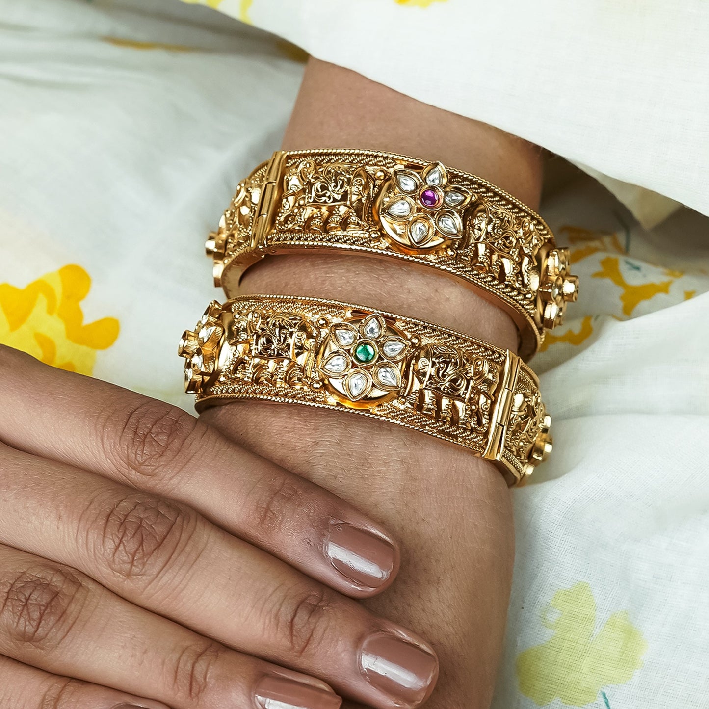 Zevar Club Set of 2 22K Gold-Plated Handcrafted Rajwadi Bangles with Emerald Green Kundan Studded Floral & Elephant Motifs