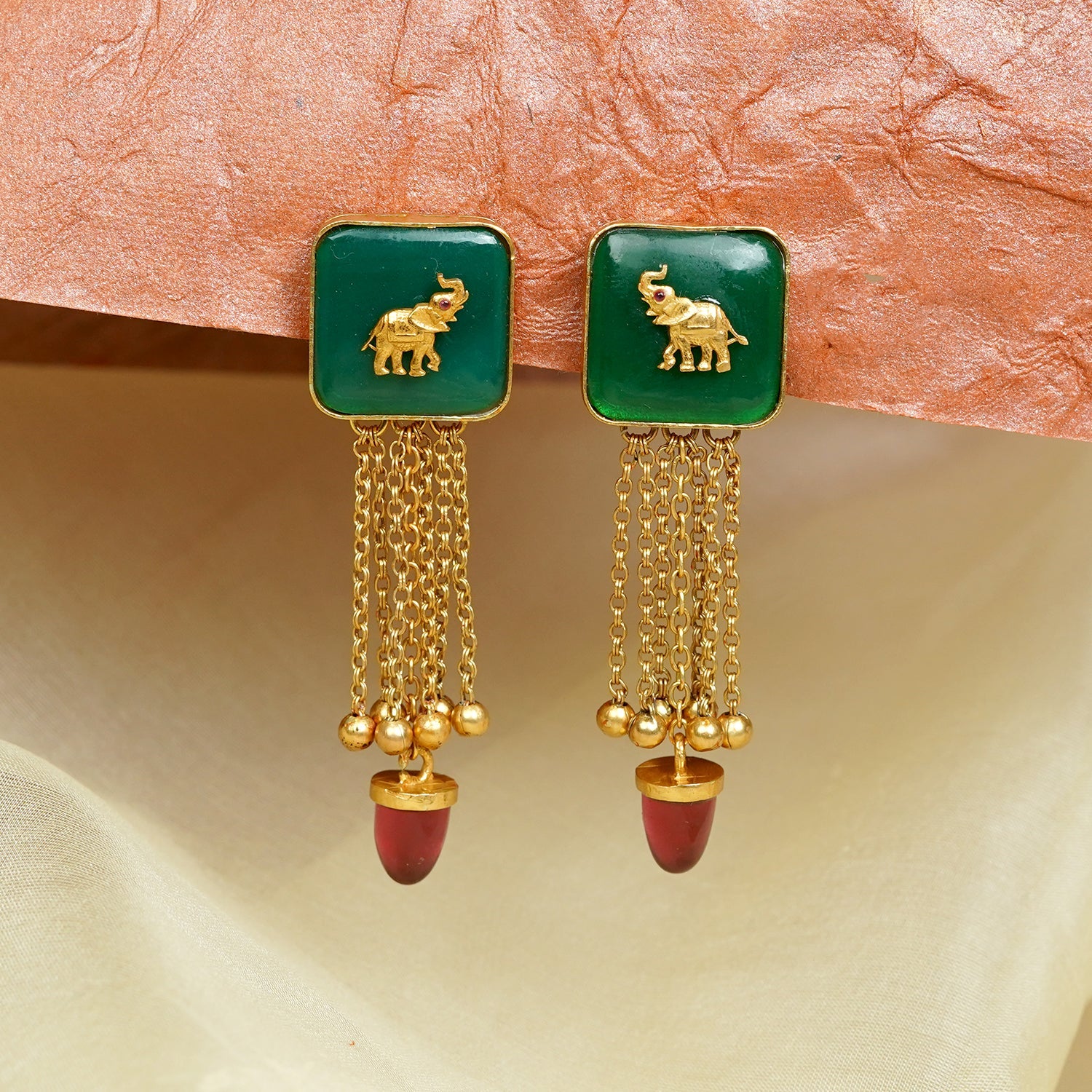 Zevar Club 22K Gold-Plated Handcrafted Green Enamelled Elephant Motif Earrings with Red Beads & Multi-Layered Chain Drops