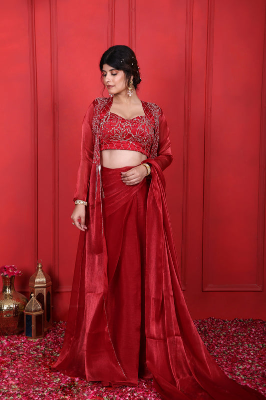 Cornell Red Hand Embroidered Cornell Red Pre-Drape Saree With Blouse & Jacket