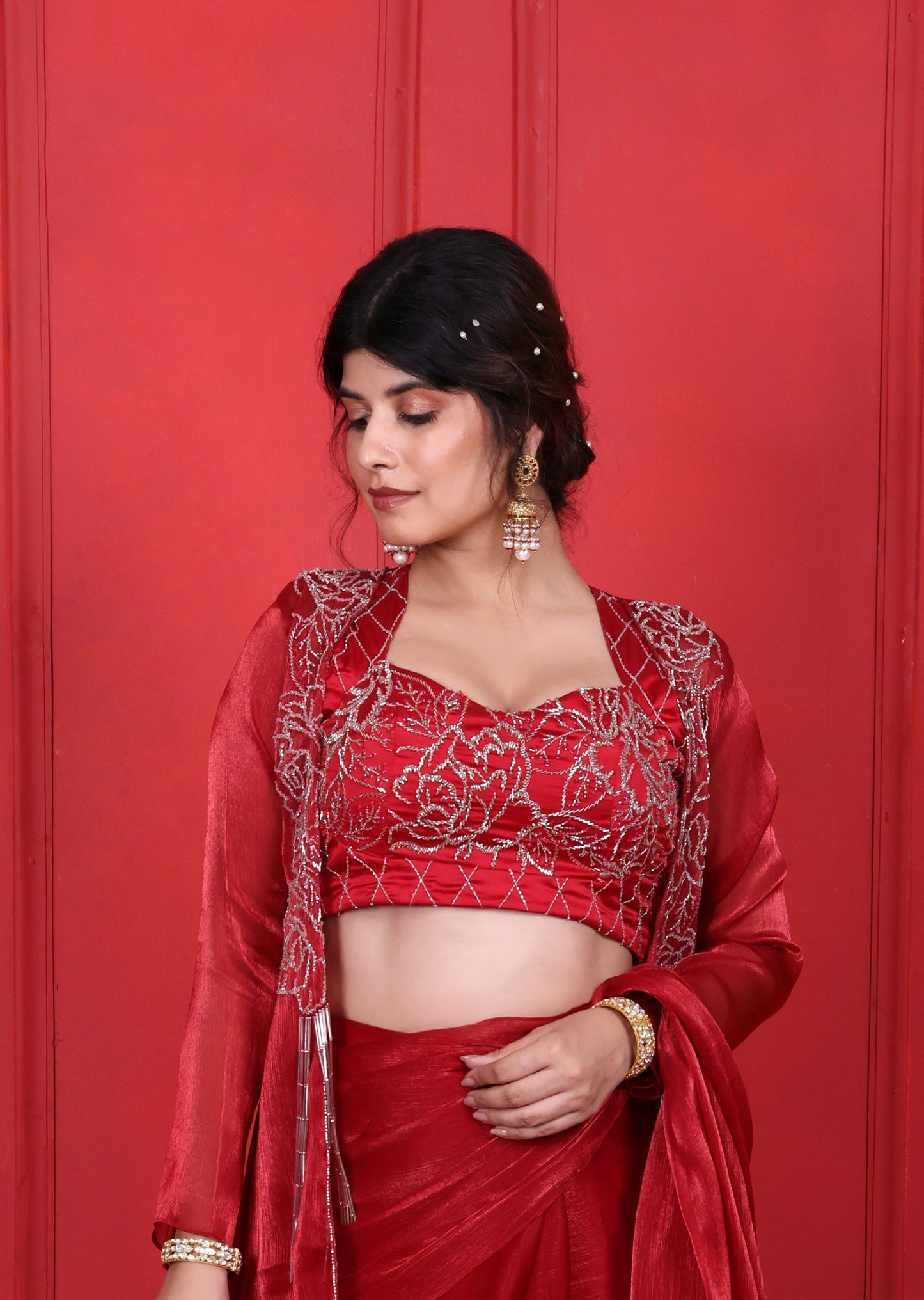 Cornell Red Hand Embroidered Cornell Red Pre-Drape Saree With Blouse & Jacket