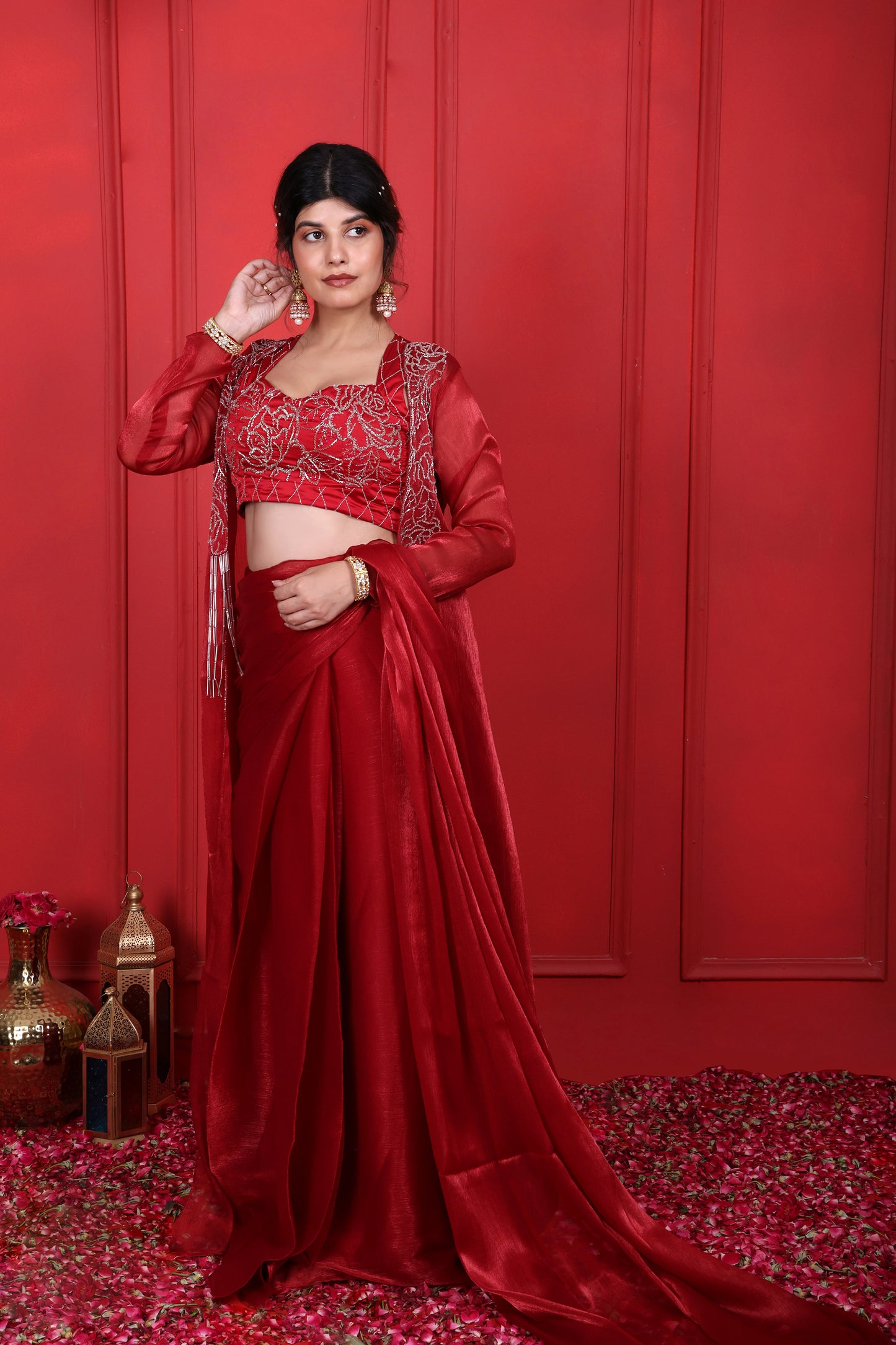 Cornell Red Hand Embroidered Cornell Red Pre-Drape Saree With Blouse & Jacket