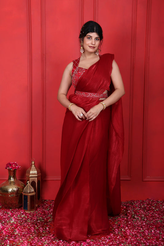 Cornell Red Hand Embroidered Pre-Drape Saree With Blouse & Belt