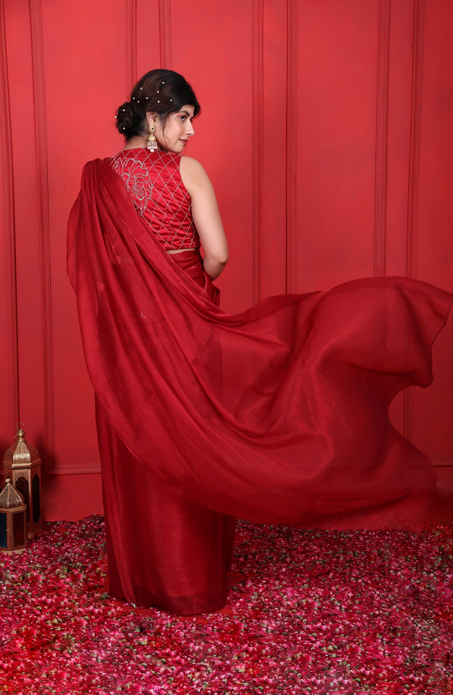 Cornell Red Hand Embroidered Pre-Drape Saree With Blouse & Belt