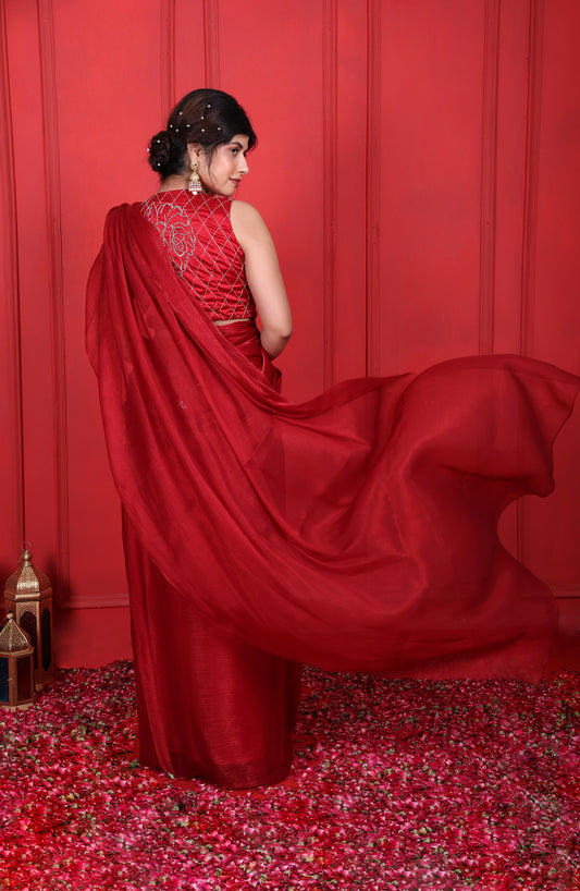 Cornell Red Hand Embroidered Pre-Drape Saree With Blouse & Belt