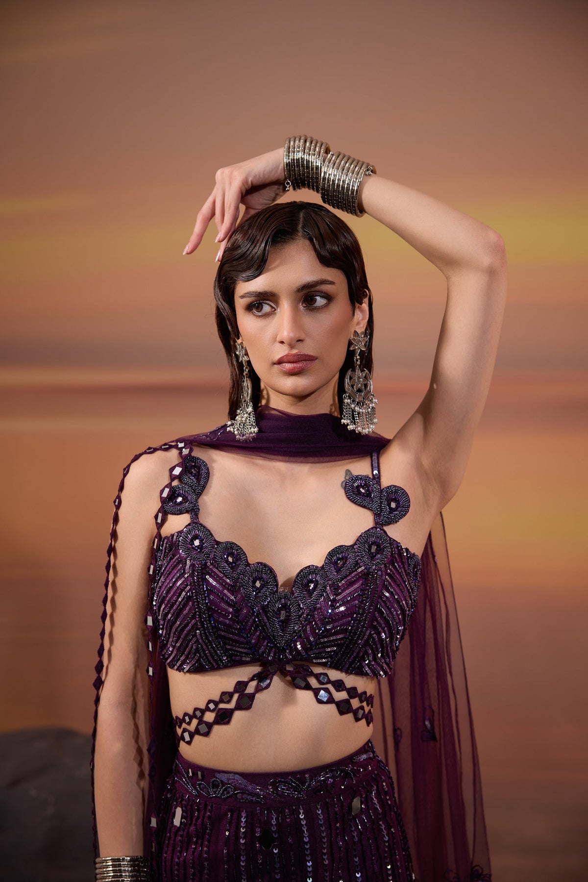 Dark Purple Heavy Mirror & Bead Embellished Tulle Bridal Lehenga for Sangeet