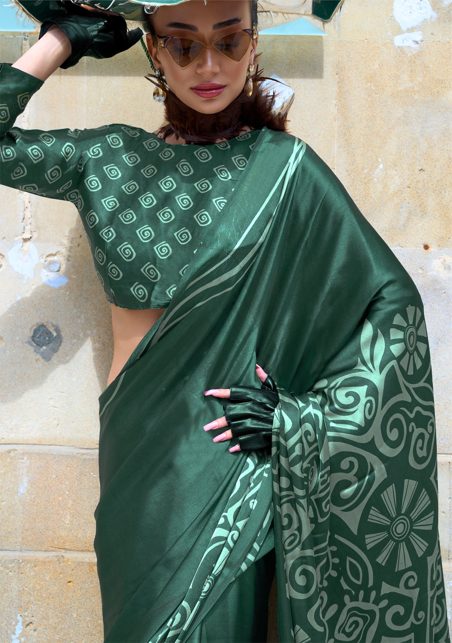 Green Abstract Kazule Contemporary Satin Crepe Saree