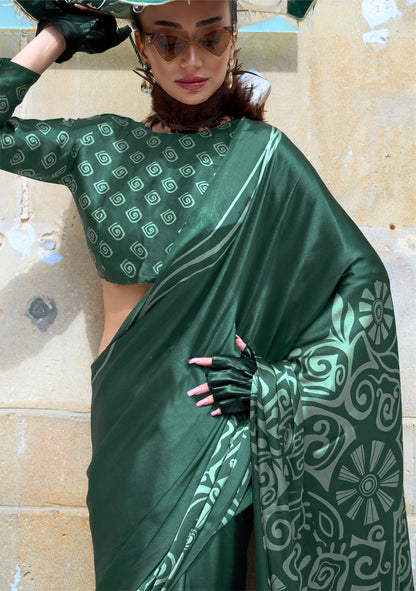 Green Abstract Kazule Contemporary Satin Crepe Saree