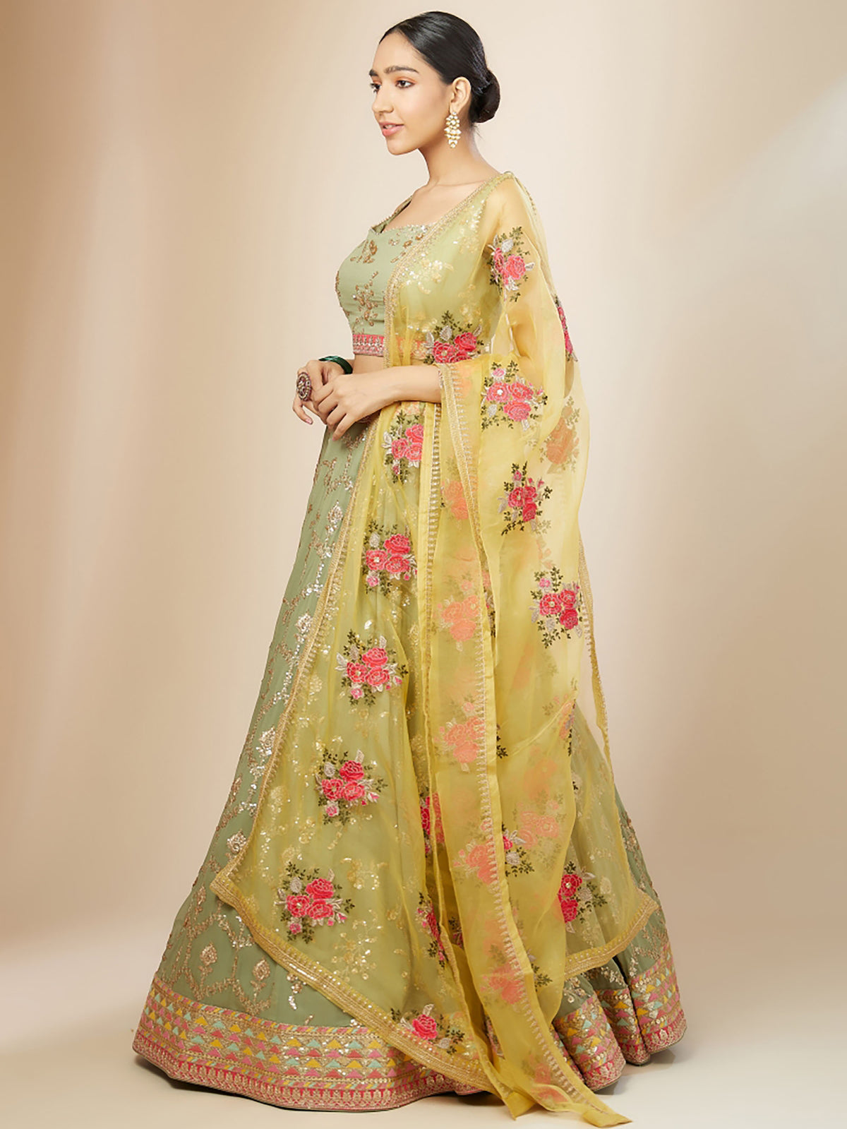 Pista Green & Yellow Georgette Zari & Sequins Work Wedding Guest Lehenga Choli