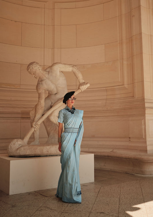 Light Blue Kyha Pure Satin Handloom Saree