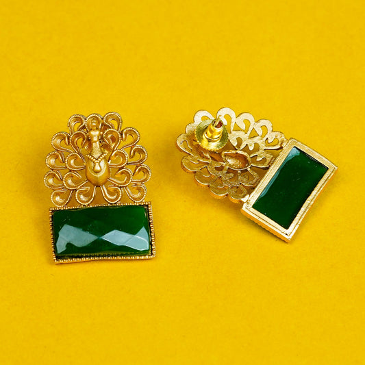 Zevar Club Brass Gold-Toned Statement Peacock Motif Earrings with Emerald Green Rectangular Stones