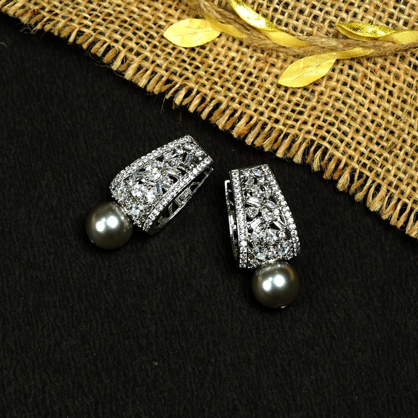 Zevar Club Rhodium-Plated Handcrafted Cubic Zirconia & Black Pearl Drop Earrings