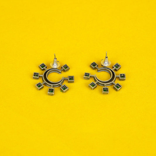 Zevar Club Oxidised Silver-Plated Textured Half-Hoop AD Studded Earrings