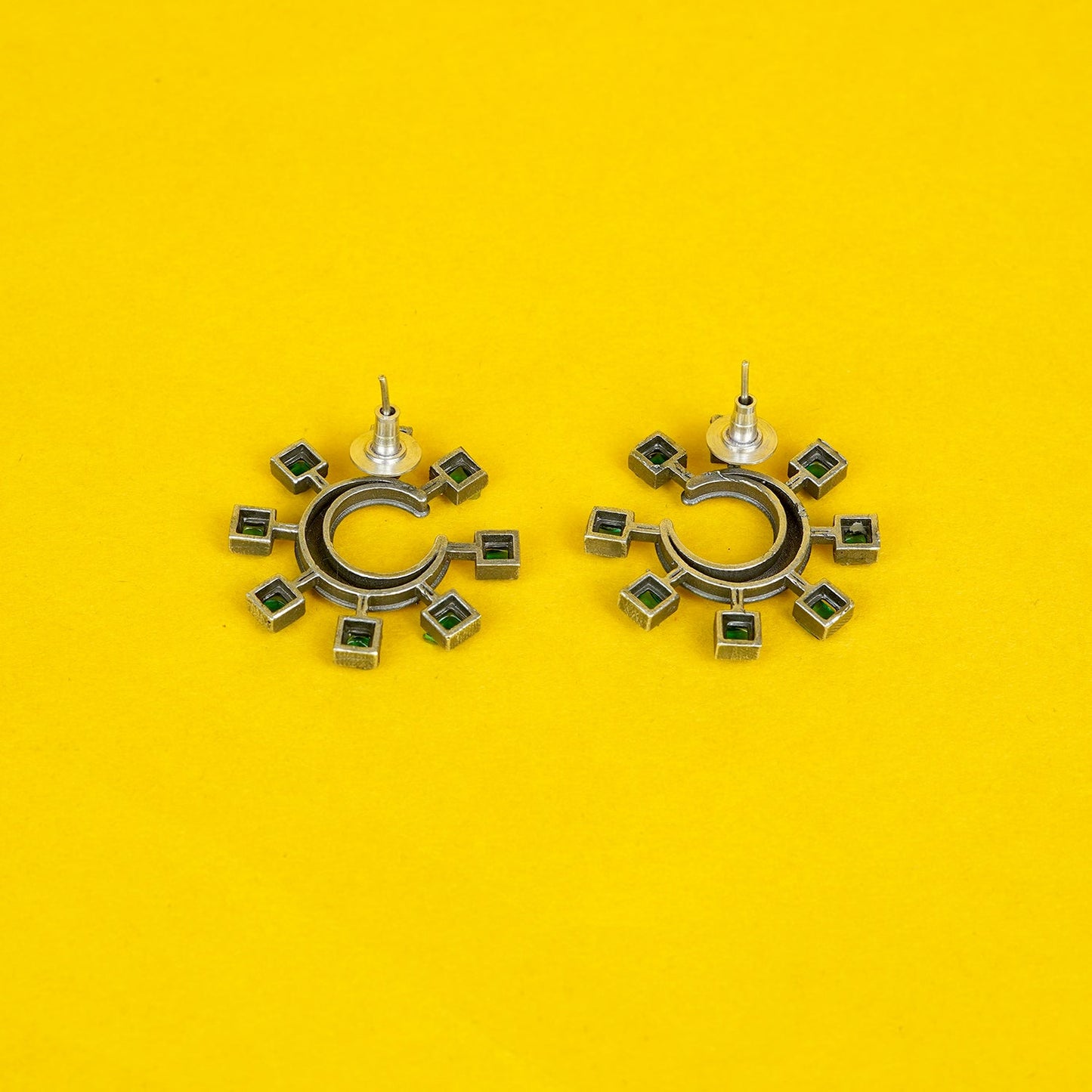 Zevar Club Oxidised Silver-Plated Emerald Green AD Studded Half-Hoop Earrings