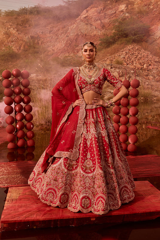 Red Silk Sequins And Thread Work Bridal Lehenga