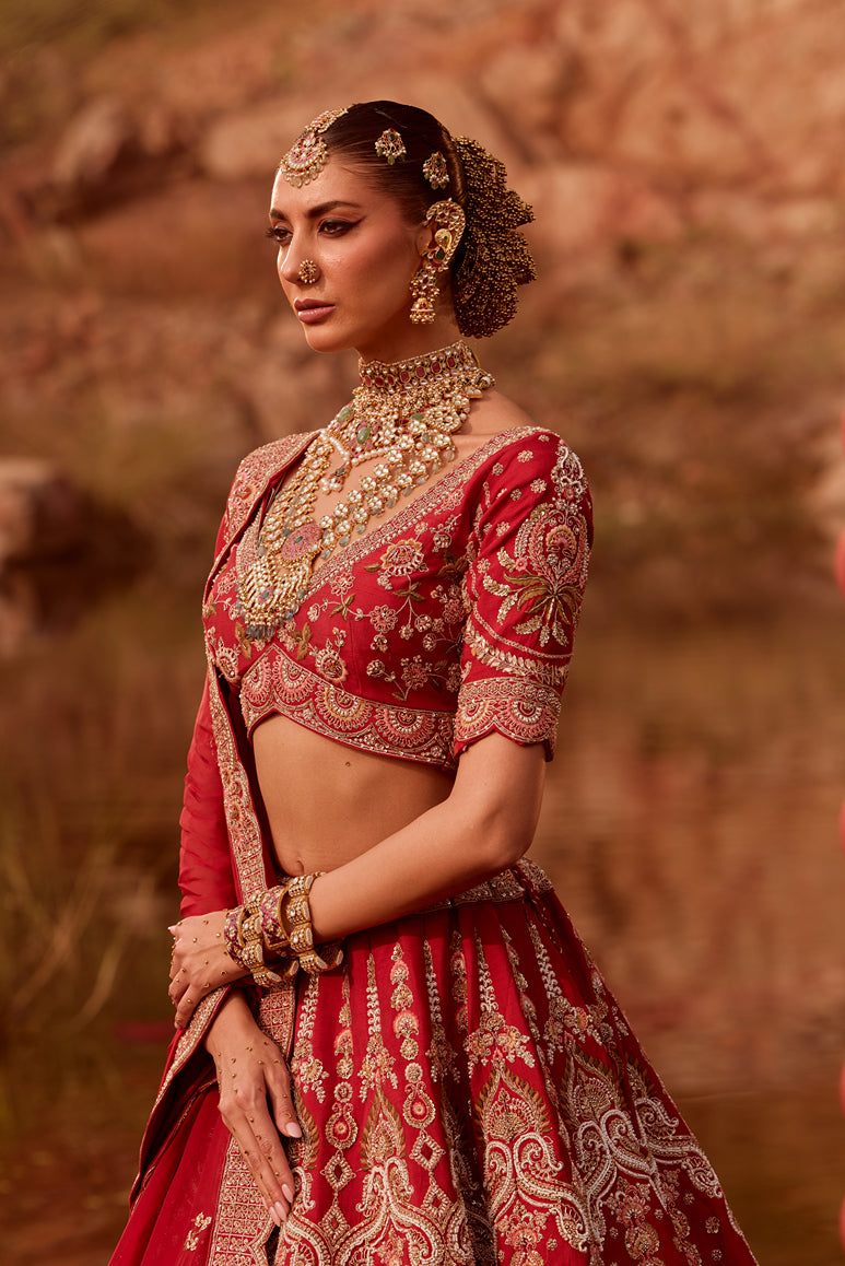 Red Silk Sequins And Thread Work Bridal Lehenga