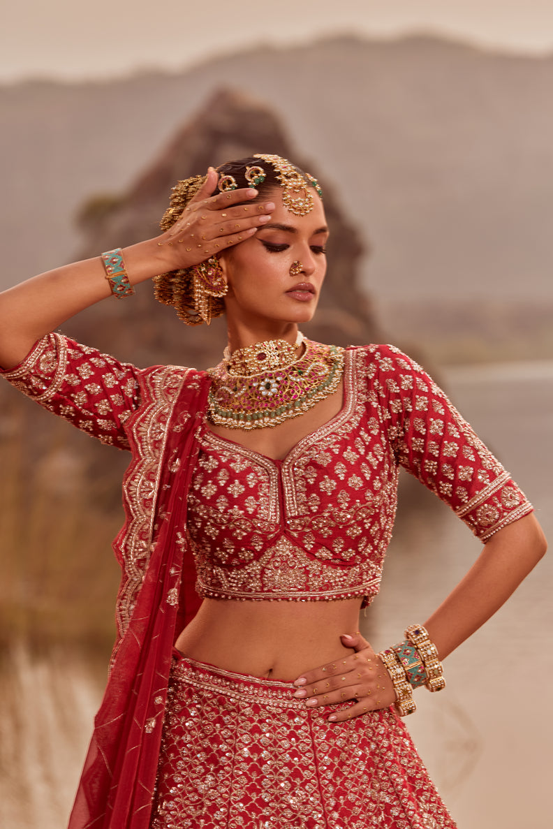 Red Sequin Heavy Embellished Bridal Lehenga