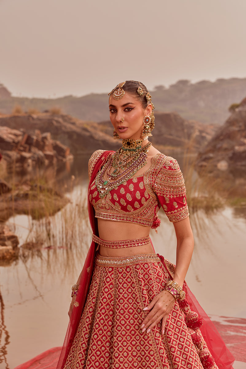Red Heavy Butti Embellished Silk Bridal Lehenga