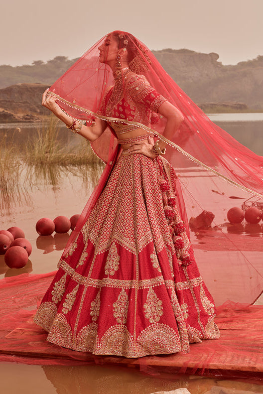 Red Heavy Butti Embellished Silk Bridal Lehenga