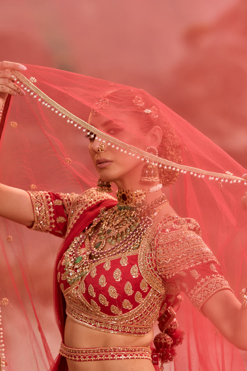 Red Heavy Butti Embellished Silk Bridal Lehenga
